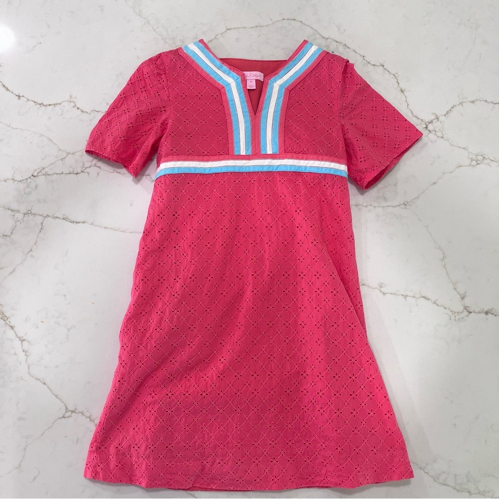 ☀️ Lilly Pulitzer Girls Eyelet Dress | Size 10 | Pink & Blue Trim